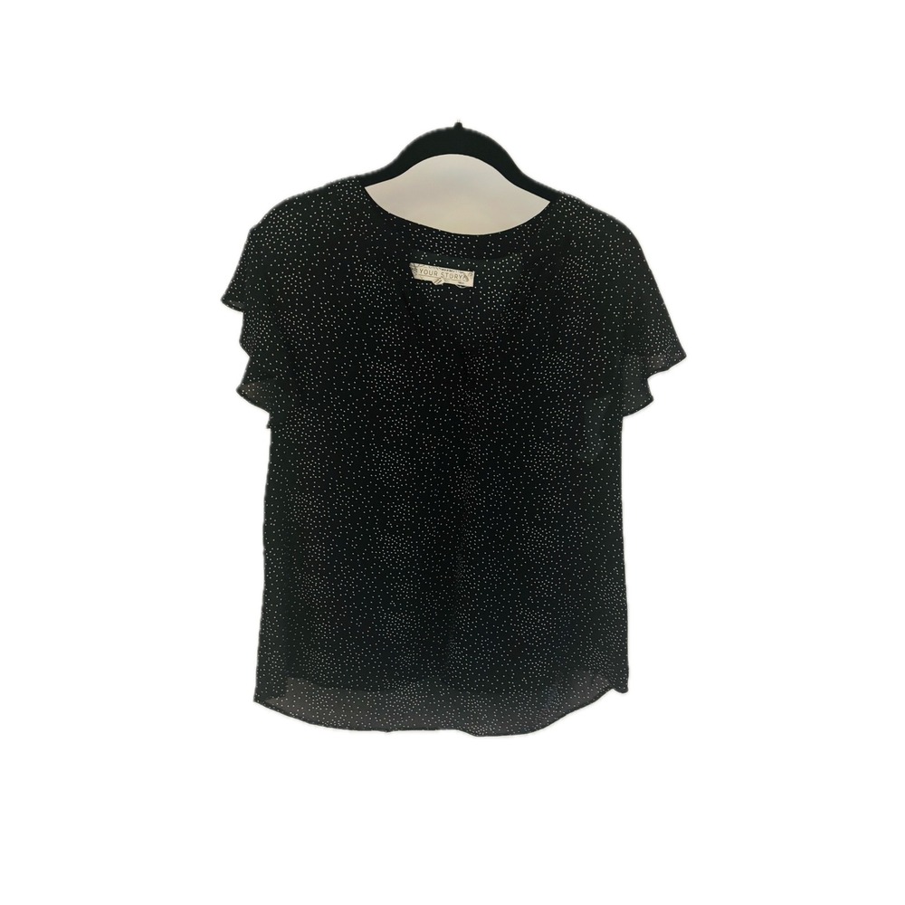 Your Story Polka Dot Top Womens Large Black White Ruffle V-Neck Button Blouse